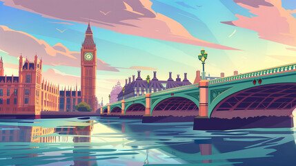 city skyline at sunset big ben london bridge