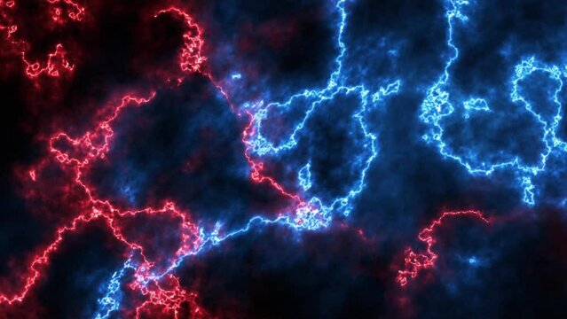 blue and red color beautiful lightning strikes on black background.