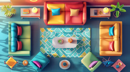 Generate a detailed flat design of a cozy living room, home interior theme, top view, showcasing furniture and decor, scifi tone, vivid color scheme.
