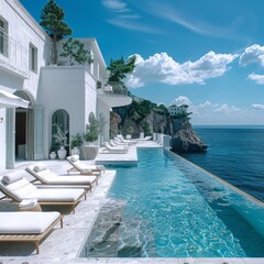 Fototapeta premium A beautiful beach house with a pool and a view of the ocean