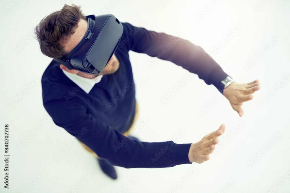 Poster Man, virtual reality and glasses with hands in office, above and system test with 3d user experience. Person, AR and digital transformation with futuristic ui, metaverse and cyber tech at startup