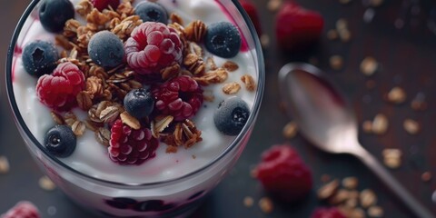 A glass filled with creamy yogurt, topped with mixed berries and crunchy granola for a healthy snack or breakfast - Powered by Adobe