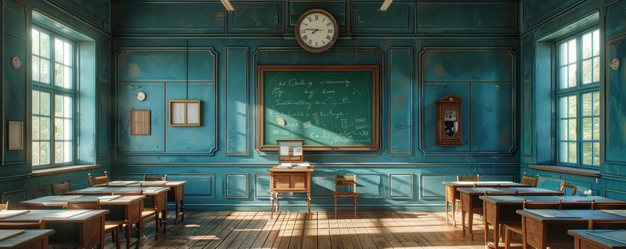 Empty vintage classroom with wooden desks and green chalkboard