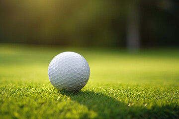 A single golf ball resting on a vibrant green grass, ideal for use in sports and outdoor scenes