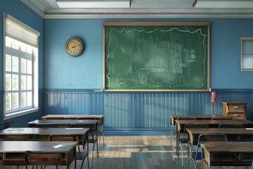 Empty classroom with desks and chairs facing green chalkboard, clock on wall