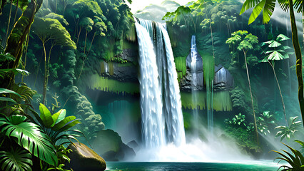 Majestic Waterfall in Jungle - A powerful waterfall cascading through a tropical jungle, showcasing nature's beauty and power,Generative AI