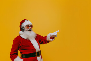 Santa Claus chantant joyeusement, désignant la droite