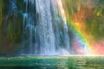 A waterfall with a rainbow in the background