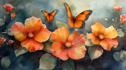 Vibrant butterflies and daisies in watercolor art. - Powered by Adobe
