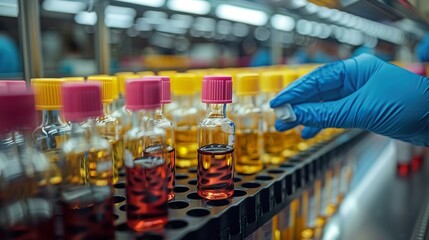 Scientist Handling Chemical Bottles in Laboratory Environment