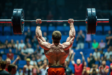 Naklejka premium A man is lifting a heavy weight in front of a crowd