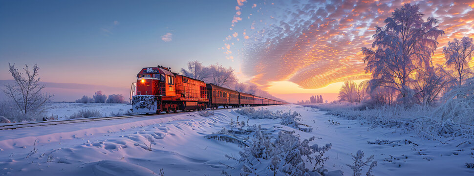 winter evening landscape with a long train