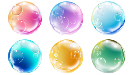 Set of realistic transparent colorful soap bubble isolated on transparent background.