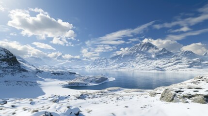 Obraz premium Snowy mountain landscape with a serene lake at its base, surrounded by trees