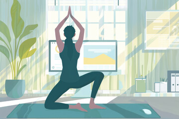 Fototapeta premium A woman is doing yoga in a room with a computer monitor and a potted plant