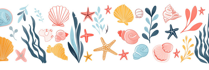 Underwater scene with shells, coral, and plants banner. Panoramic web header. Wide screen wallpaper