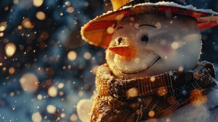 A close-up shot of a snowman wearing a hat and scarf, perfect for winter-themed projects
