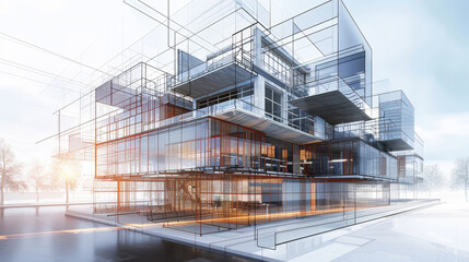 Fusion of modern architecture blueprint and building concept