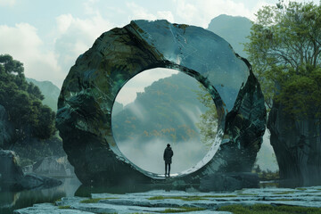 Fototapeta premium A man stands in front of a large, circular rock formation
