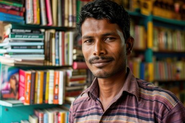 Fototapeta premium A person standing in front of a bookshelf filled with various books, suitable for education, study or reading related uses
