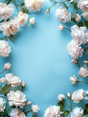 A bouquet of white roses arranged in a circular pattern on a blue background