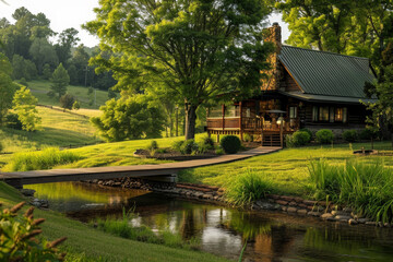 Obraz premium A house with a porch and a bridge leading to it