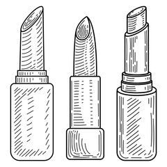 Set of lipsticks line art. Face makeup. Decorative cosmetics. Open tube. Hand drawn vector sketch illustration.