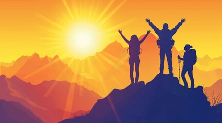 Person Celebrating Victory on Mountain Peak at Sunrise, Symbolizing Adventure and Freedom