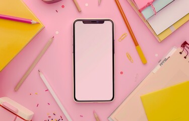Blank white screen mobile phone surrounded by colorful stationery on pink background
