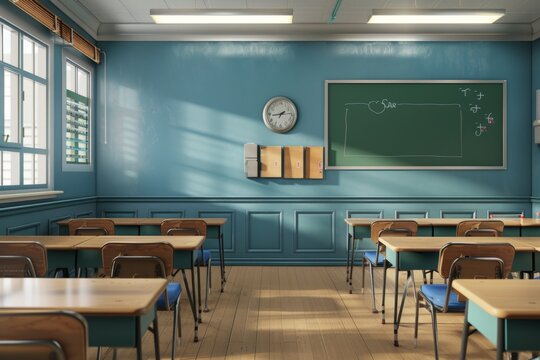 Empty classroom with desks and chairs facing green chalkboard, clock on wall
