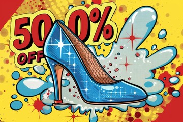 Comic book style high heel shoe with 50% off sale sign in pop art design