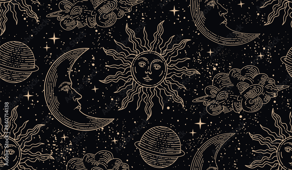 Wall mural seamless pattern with magical elements. set of linear vector illustrations. heavenly illustrations. 