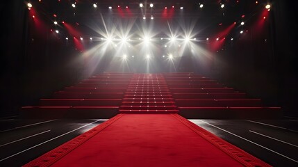 Red carpet on a grand stage,by a dramatic spotlight background
