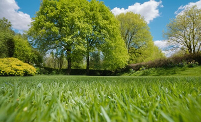 Obraz premium Stunning Summer Landscape with Freshly Cut Lawn and Morning Light Fog: Panoramic Spring View