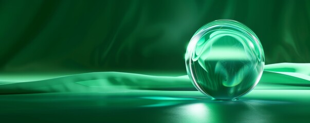 Glowing green glass sphere on a reflective surface with ethereal light