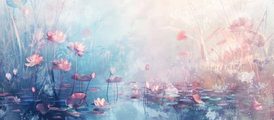 Mystical Lakeside Flora - Soft Digital Painting of Flowers and Water