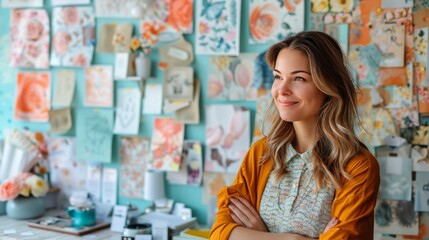 Woman Standing In Front Of Inspiration Board With Flowers