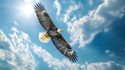 Freedom Soars: Majestic Eagle Glides over Vast American Sky with Patriotic Banner
