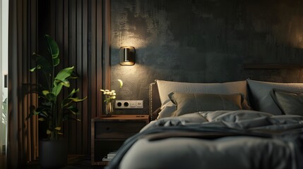 Intimate bedroom interior with understated wall lamps and wooden bedside shelf. Cozy living concept. 3D Rendering