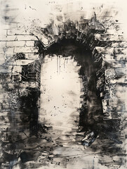 Fototapeta premium Sharp-Lined Painting of a Damaged Brick Wall Featuring a Significant Breach. Stark Depiction of a Brick Wall with a Gaping Hole Surrounded by Rubble