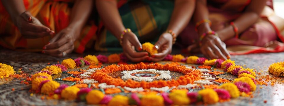 Festive joy: happy onam festival, marking harvest season,colorful rituals, grand feasts, intricate pookalam designs, joyful celebration of kerala's rich traditions, communal harmony.