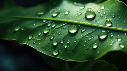 Fototapeta premium A close-up shot of a green leaf with water droplets glistening on its surface
