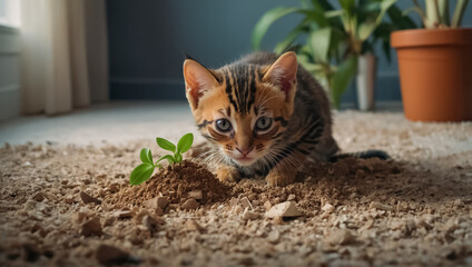Kitten at home, flowerpot, earth mess