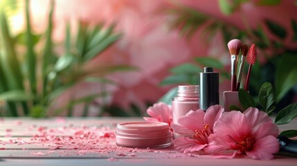 Pink Beauty Products With Cherry Blossoms on Pink Background