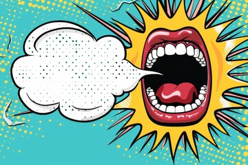 Comic book style pop art with open mouth yelling and speech bubble