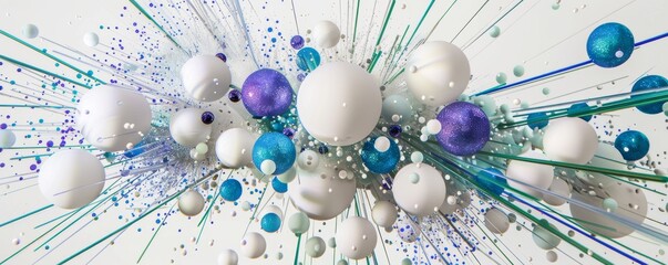 Abstract composition of white, blue, and purple spheres with dynamic motion