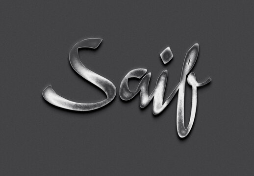 Chrome metal 3D name design of Saif on grey background.