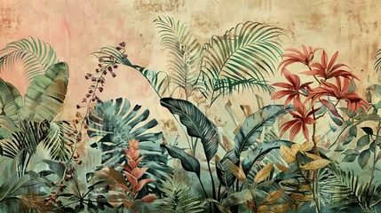 Hand drawn tropical plants, leaves, abstract art drawing. wallpaper, retro pattern Wall Decor Design, Wallpaper, Poster, Card, Mural, Rug, Hanging, Printing. AI generated illustration