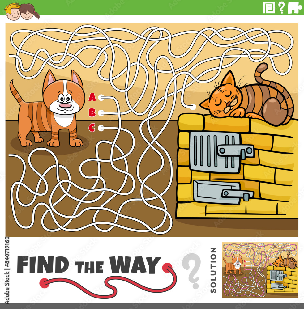 Canvas Prints maze activity game with cartoon cats animal characters