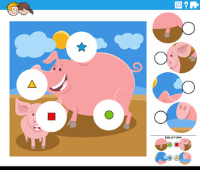 match the pieces game with cartoon pig and piglet farm birds